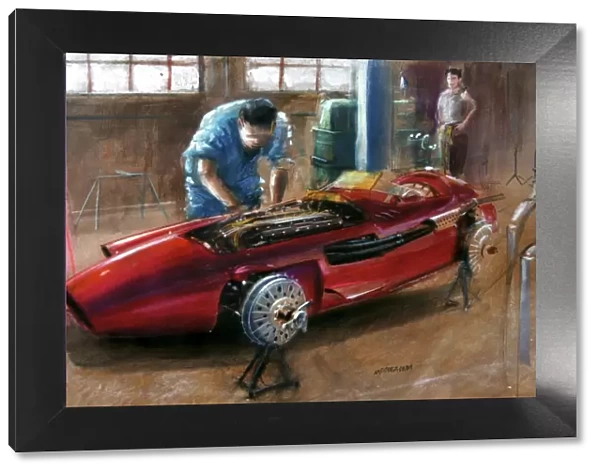 Maserati 250F preparations - painting by Andrew McGeachy