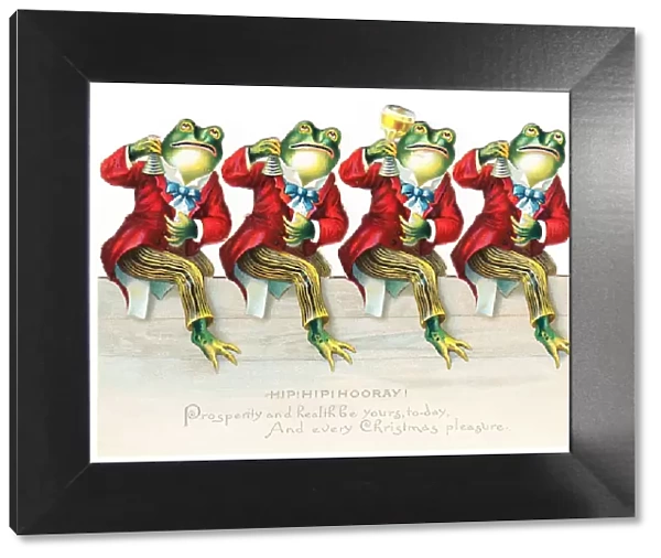 Four frogs in red tailcoats on a cutout Christmas card