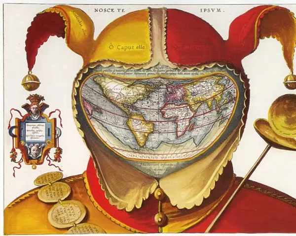 16th century red and yellow Jesters Cap costume map of the world