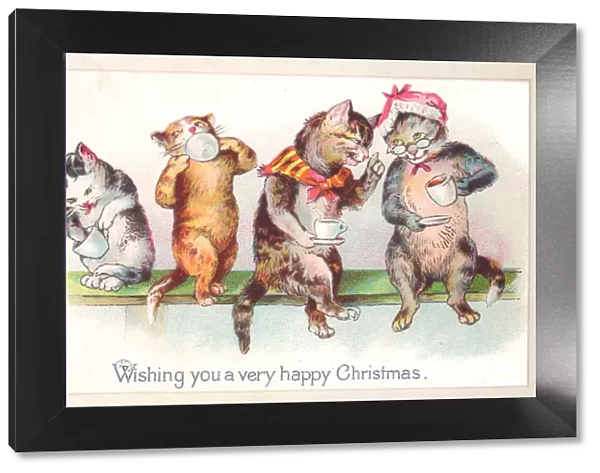 Four cats drinking tea on a Christmas card