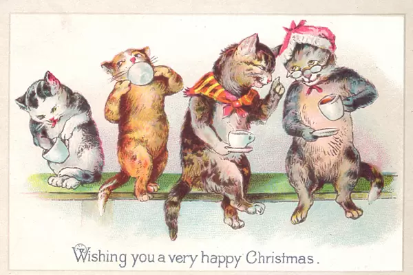 Four cats drinking tea on a Christmas card