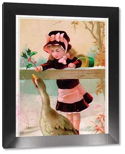 Girl and goose on a Christmas card