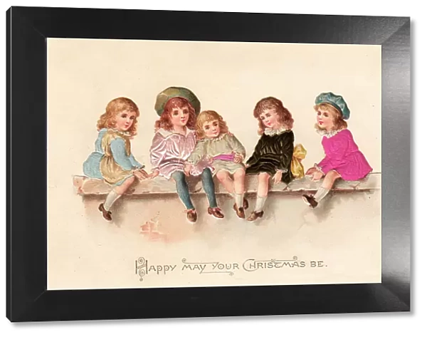 Five girls on a wall on a fabric Christmas card
