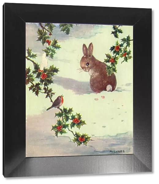 Christmas card, Rabbit and robin