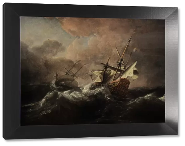 Dutch men-of-war in a storm off a rocky coast, 1672, by Wille