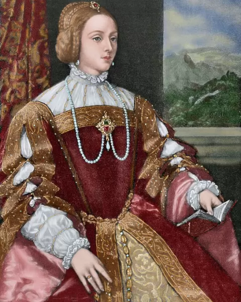 Isabella of Portugal (1503-1539). Engraving. Colored