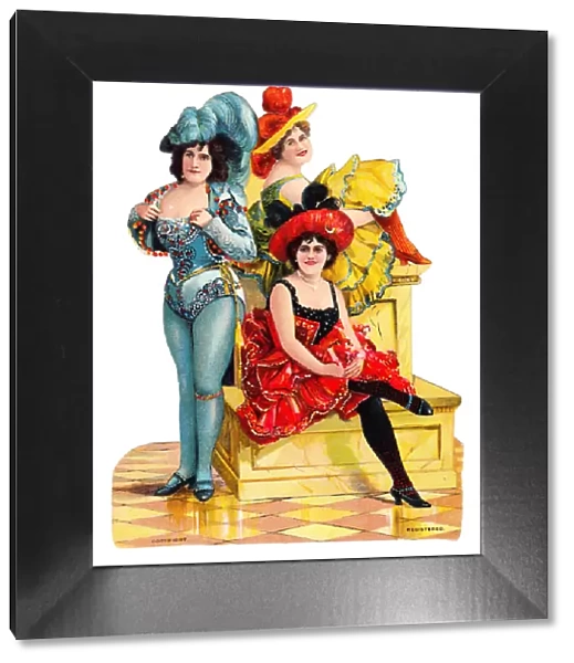 Three women in burlesque costume on a Victorian scrap