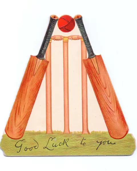Good Luck card with two cricket bats, a ball and a wicket