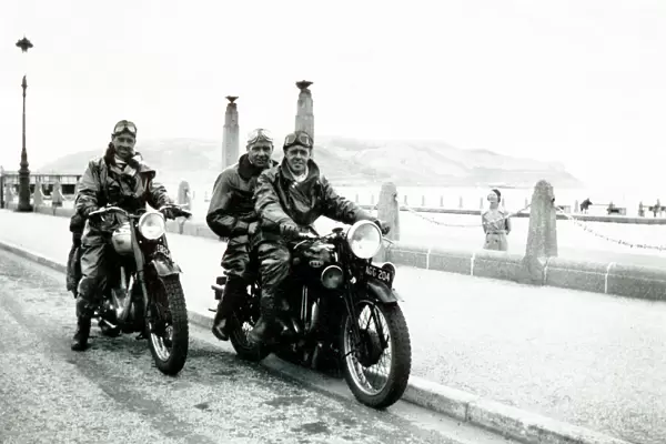 Three bikers on their veteran BSA motorcycles