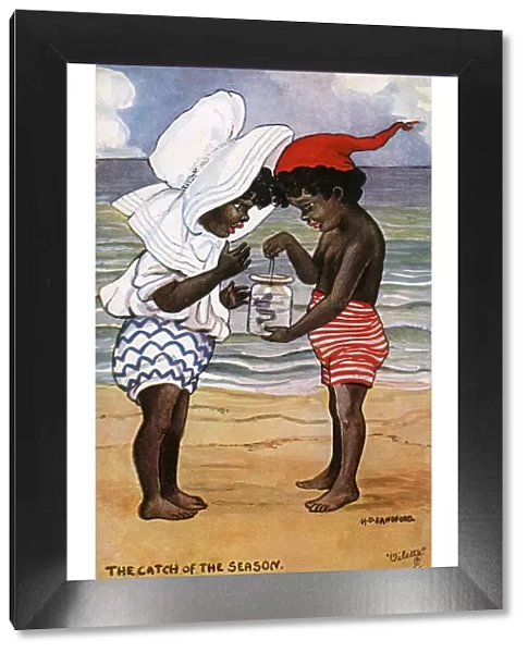 Two little black children on the beach - fish in a jam jar