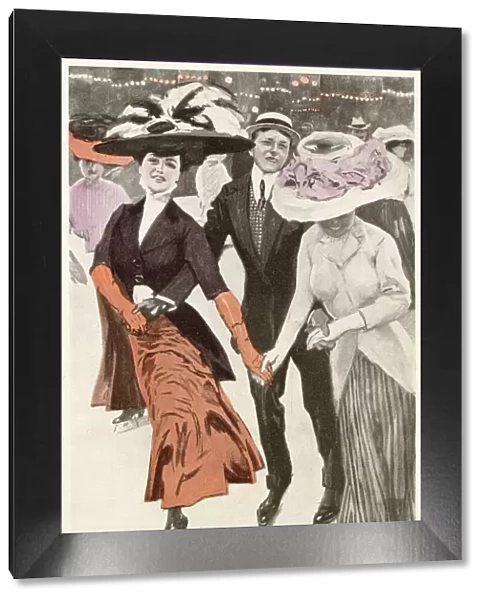 Two women, each wearing extravagant hats, and a man go ice skating. Date: 1910
