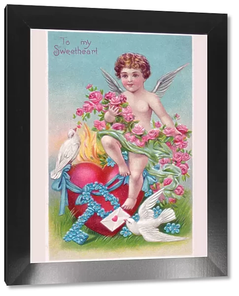 Cupid with flowers, heart and doves on a Valentine postcard