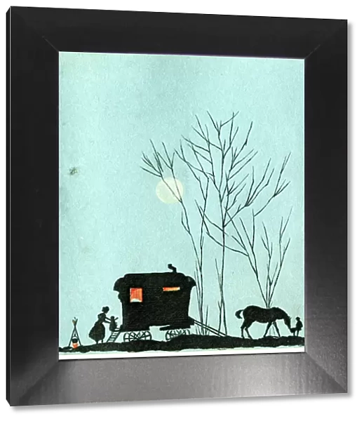 Christmas card, silhouette of gypsy caravan