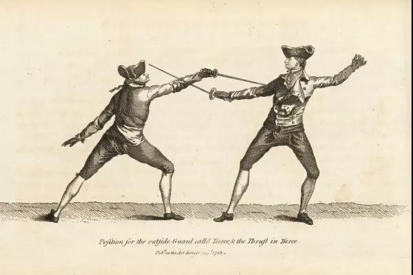 Gentlemen fencers in Tierce guard and thrust position