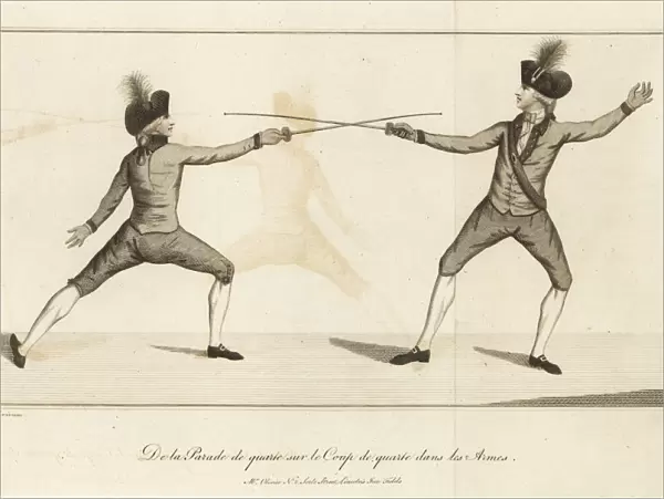 Gentlemen fencers lunging and parrying, 18th century