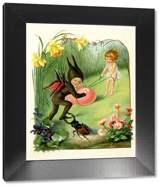 Fairy and child with Easter egg and stag beetle