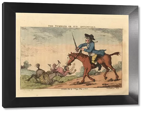 Regency man with a cudgel riding a horse prone to tumbling