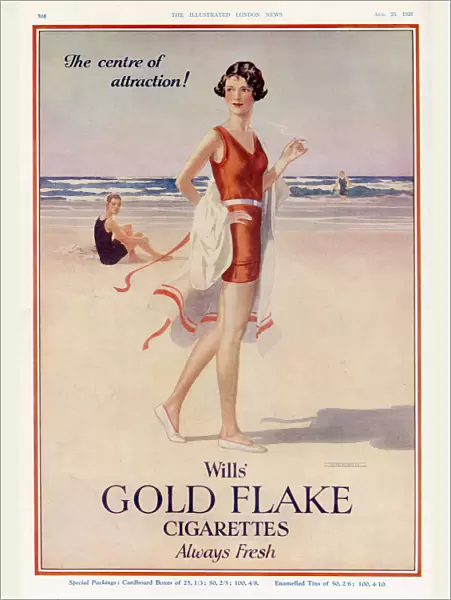 Advert for Wills Gold Flake cigarettes, featuring a glamorous young woman smoking a