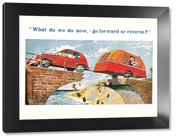 Comic postcard, Car and caravan, forward or reverse? Date: 20th century