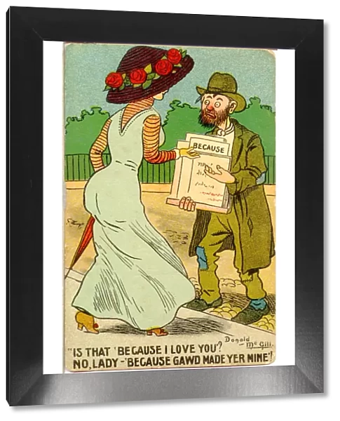 Comic postcard, Elegant woman and scruffy man selling sheet music in the street Date