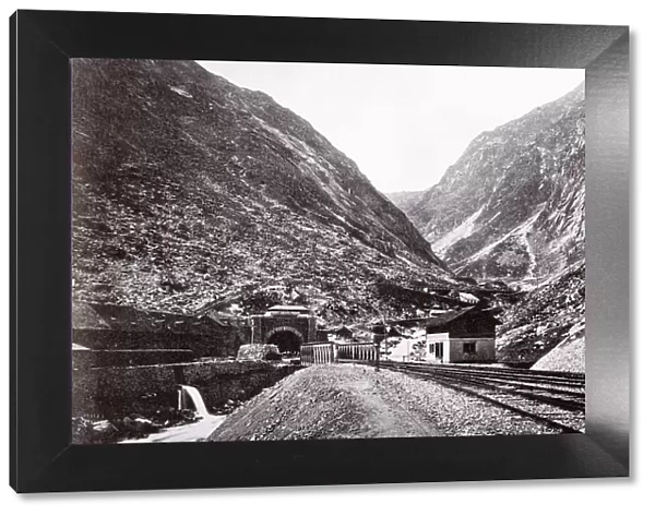 Vintage 19th century photograph - entrance to the St Gotthard tunnel, railway line