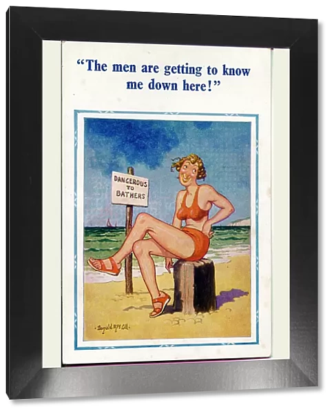 Comic postcard, Woman in orange bikini at the seaside