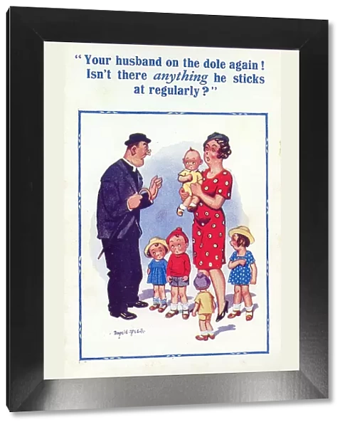 Comic postcard, Vicar, woman and five children