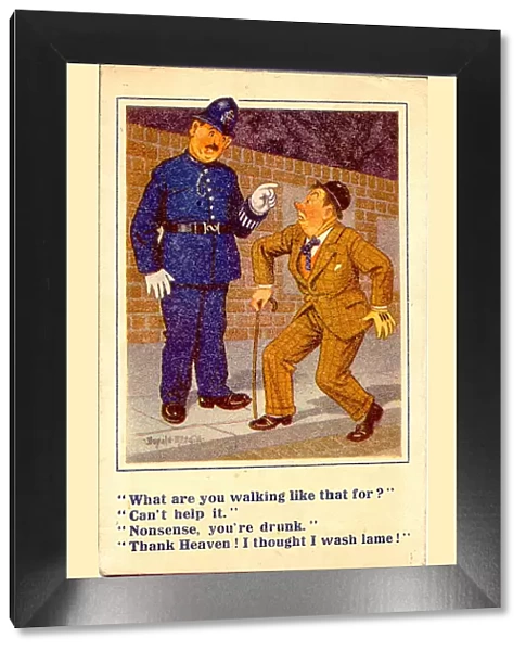 Comic postcard, Drunkard and policeman in the street at night Date: 20th century