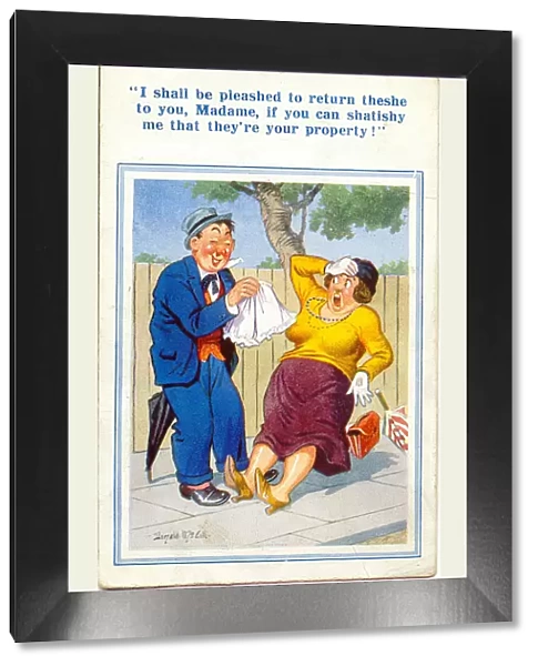 Comic postcard, Drunk man speaks to woman in the street