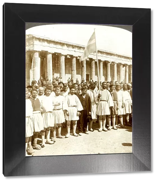 Greek peasant army recruits in front of Temple of Theseus