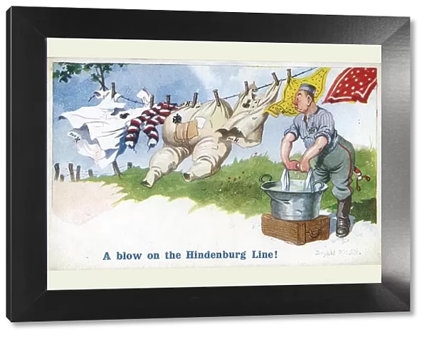 Comic postcard, A blow on the Hindenburg Line, WW1 - a satirical comment on the German
