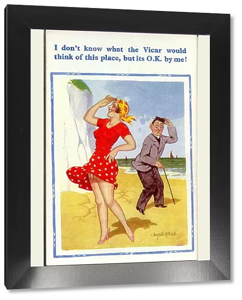 Comic postcard, Pretty woman and vicar on the beach Date: 20th century