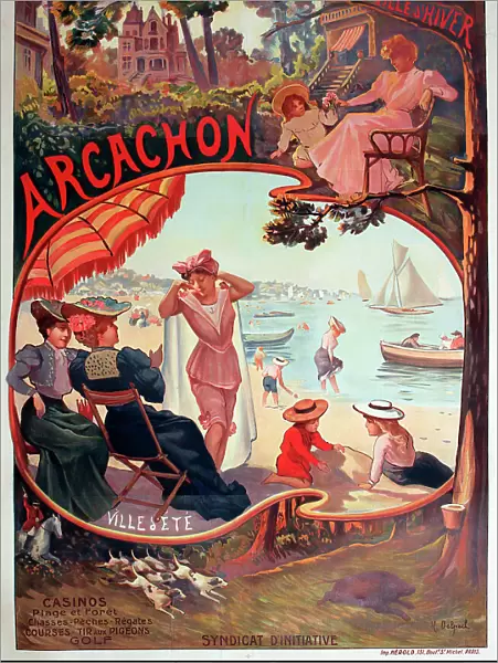 Poster, Arcachon, France, a town for winter and summer, Chemins de Fer du Midi - casinos, beach, forest, hunting, fishing, regattas, races, pigeon shooting, golf. Date: circa 1895