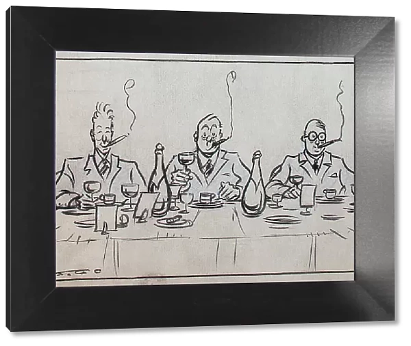 Artwork, three men dining at a table