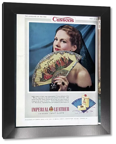 Advert for Imperial Leather Soap, featuring a Louis XV Vernis Martin fan once owned by Catherine the Great. Date: 1954