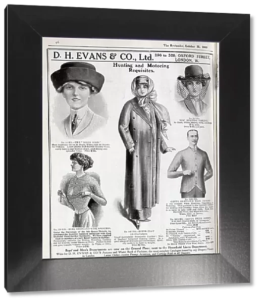 Advertisement from D H Evans & Co Ltd, for Hunting and Motoring Requisites, with illustrations showing ladies'felt hat, hunting veil, wool spencer garment and motor coat, and gents'Shetland wool jacket