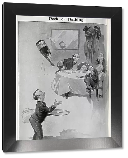 Caricature illustration of waiter juggling bottle of Bollinger, with 4 diners hiding at their table, by G E Studdy, Captioned, Neck or Nothing! George F Studdy, illustrator, renowned for series of works on the dog, Bonzo