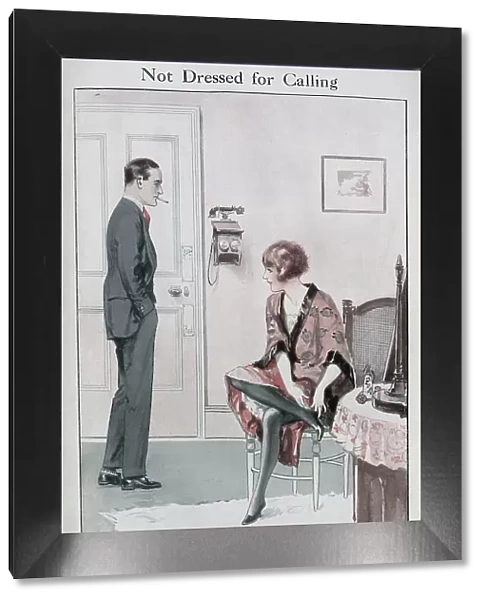 Man and woman by a telephone, in a dressing room, woman in dressing gown. Captioned, Not Dressed for Calling'. With quotation. Husband: 'There's the phone' Wife: 'Can't you answer it, dear