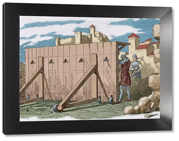 Middle Ages. Wood mantlet on wheels. Engraving by Serra