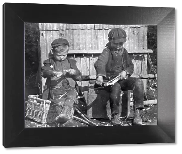 Gypsy boys making pegs, near Pontypool, South Wales