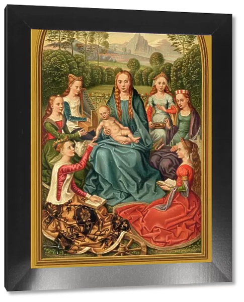 Virgin Mary and Baby Jesus, surrounded by saints