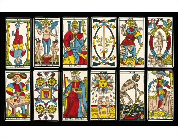 Selection of tarot cards from traditional Marseille pack
