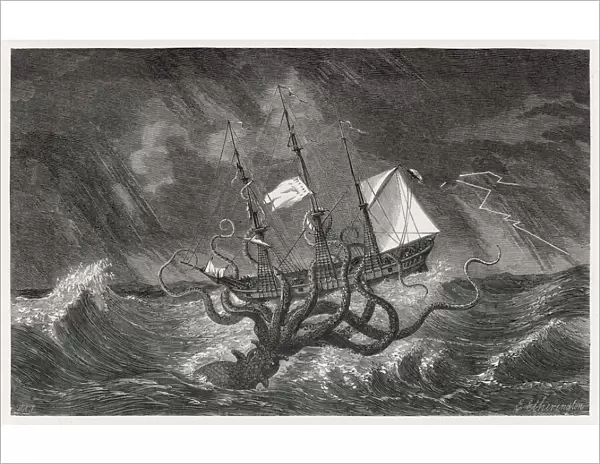Kraken attacking ship during a storm