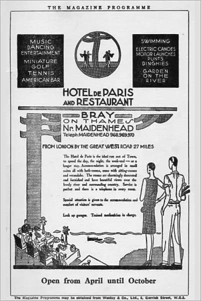 Advert for the Hotel de Paris and Restaurant at Bray, 1931