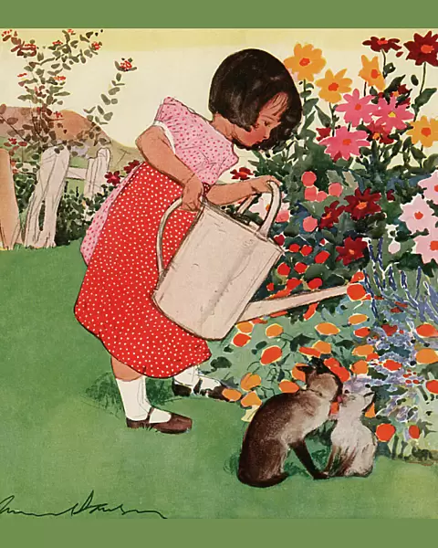 Little girl watering flowers by Muriel Dawson