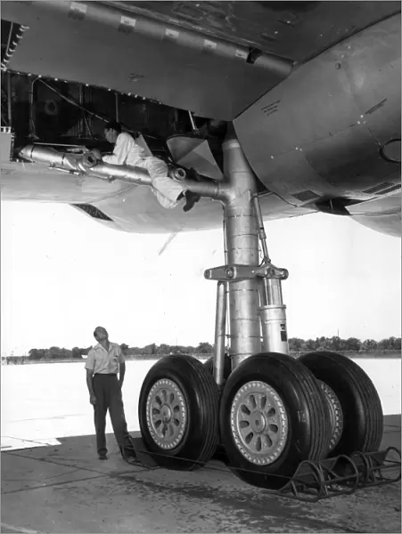 The four-wheel main landing gear of a Convair B-36