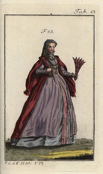 10941538. Woman of Naples with a feather fan in her hand, 16th century.