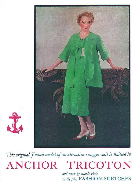 Actress Binnie Hale wearing a bright green swagger suit knitted in Anchor Tricoton Date: 1936