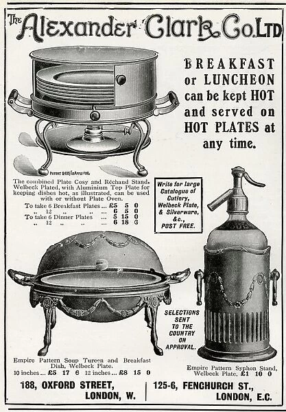 Advert for Alexander Clark, hot plate & soup tureen 1912