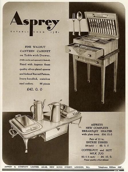Advert for Asprey walnut cutlery cabinet & breakfast heater